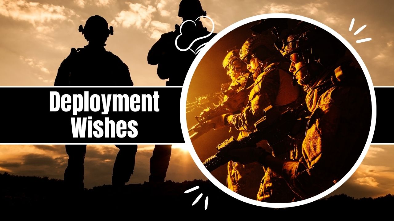Collage of military-themed images featuring silhouettes of soldiers at sunset on the left and soldiers equipped with tactical gear on the right, titled "Deployment Wishes".