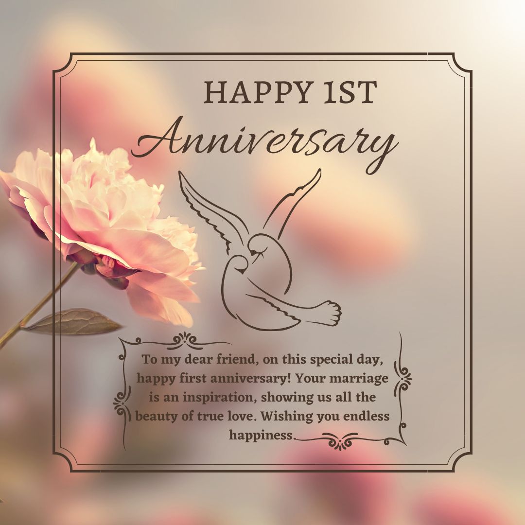 An elegant wedding anniversary card depicting a white rabbit and a blooming pink flower with a warm, soft-focus background. Text reads "Happy 1st Anniversary” and includes heartfelt messages about love and inspiration