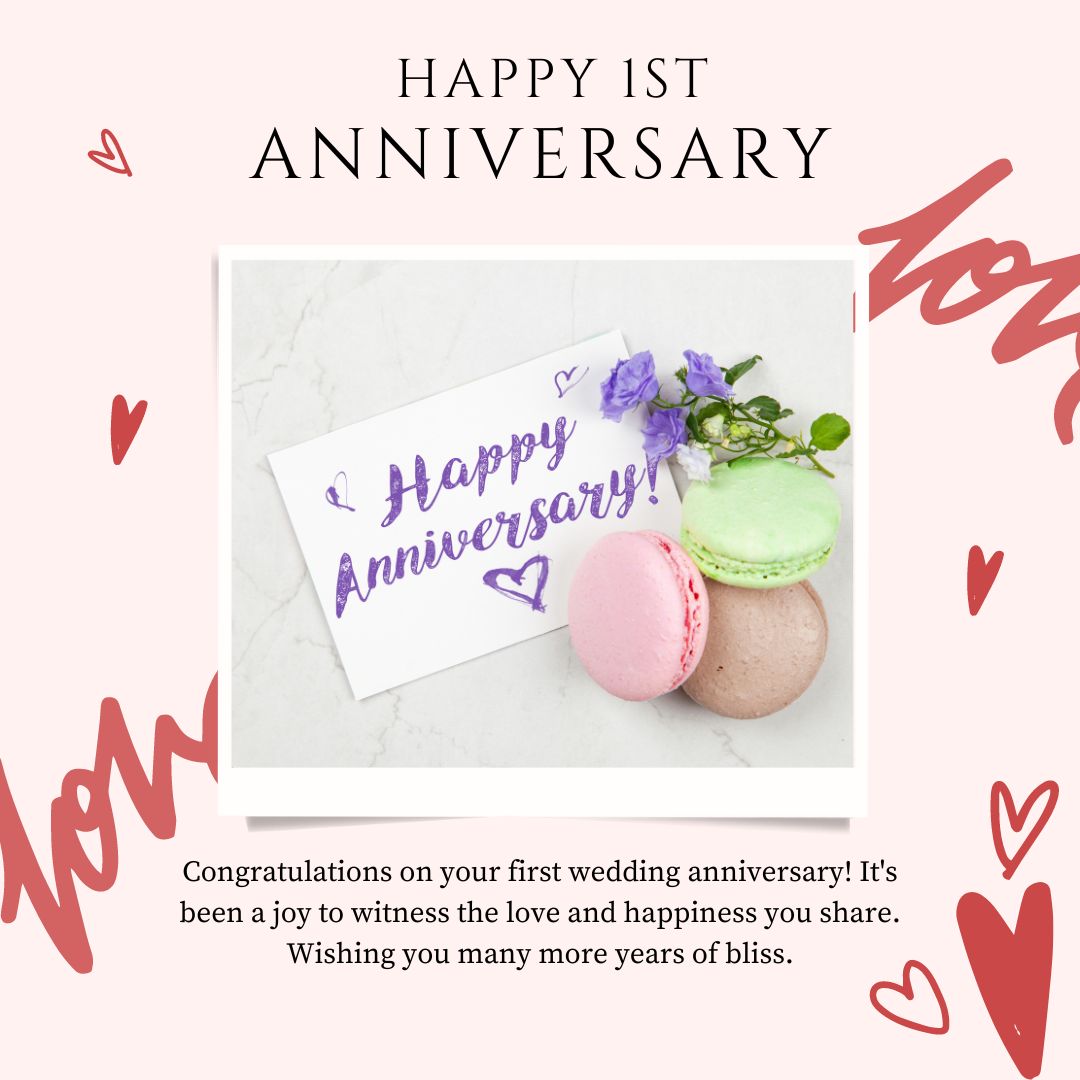 An anniversary card with "happy anniversary" written on it, alongside pink and green macarons and a purple flower, with a backdrop of "love" scribbles and a wedding anniversary wishes for