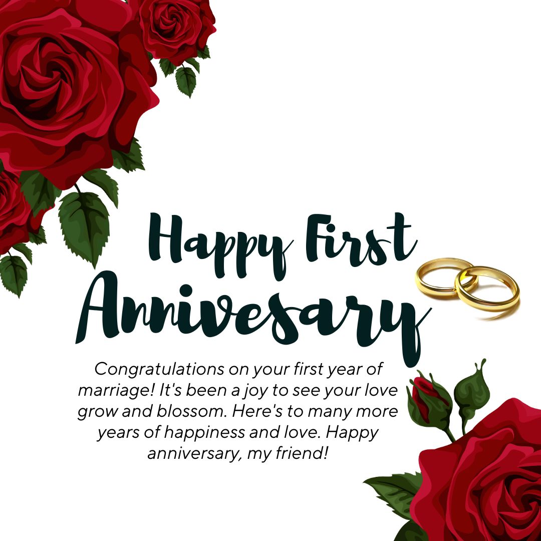 Graphic featuring red roses and gold wedding bands with text "Happy Wedding Anniversary Wishes For Friends" and a congratulatory message about happiness and love on a white background.