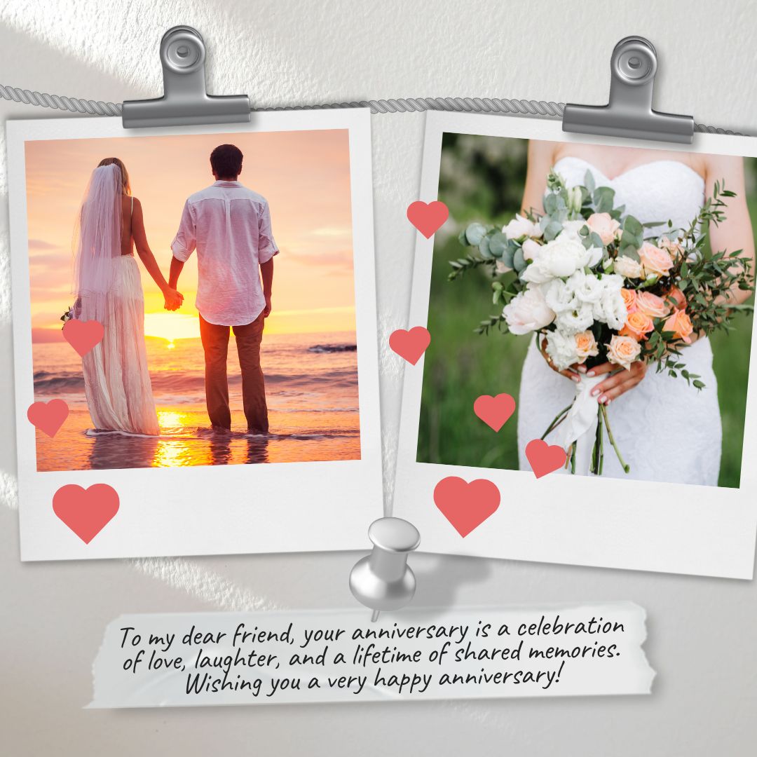 Two photographs pinned to a board: on the left, a couple holding hands watching a sunset on the beach, and on the right, a close-up of a hand holding a bridal bouquet. A heartfelt