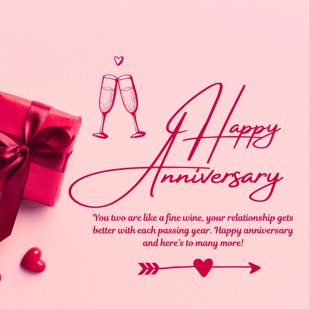 A pink anniversary card designed for friends celebrating their wedding anniversary, featuring the message "Happy Anniversary" with an image of two champagne glasses, a red gift box, and a small heart. The text wishes