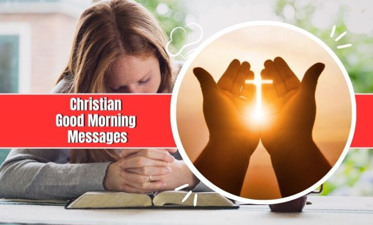 A woman is praying with her head bowed over a Bible, next to an inset image of hands held up towards a cross in a sunlit sky, with text reading "Christian Good Morning Messages.