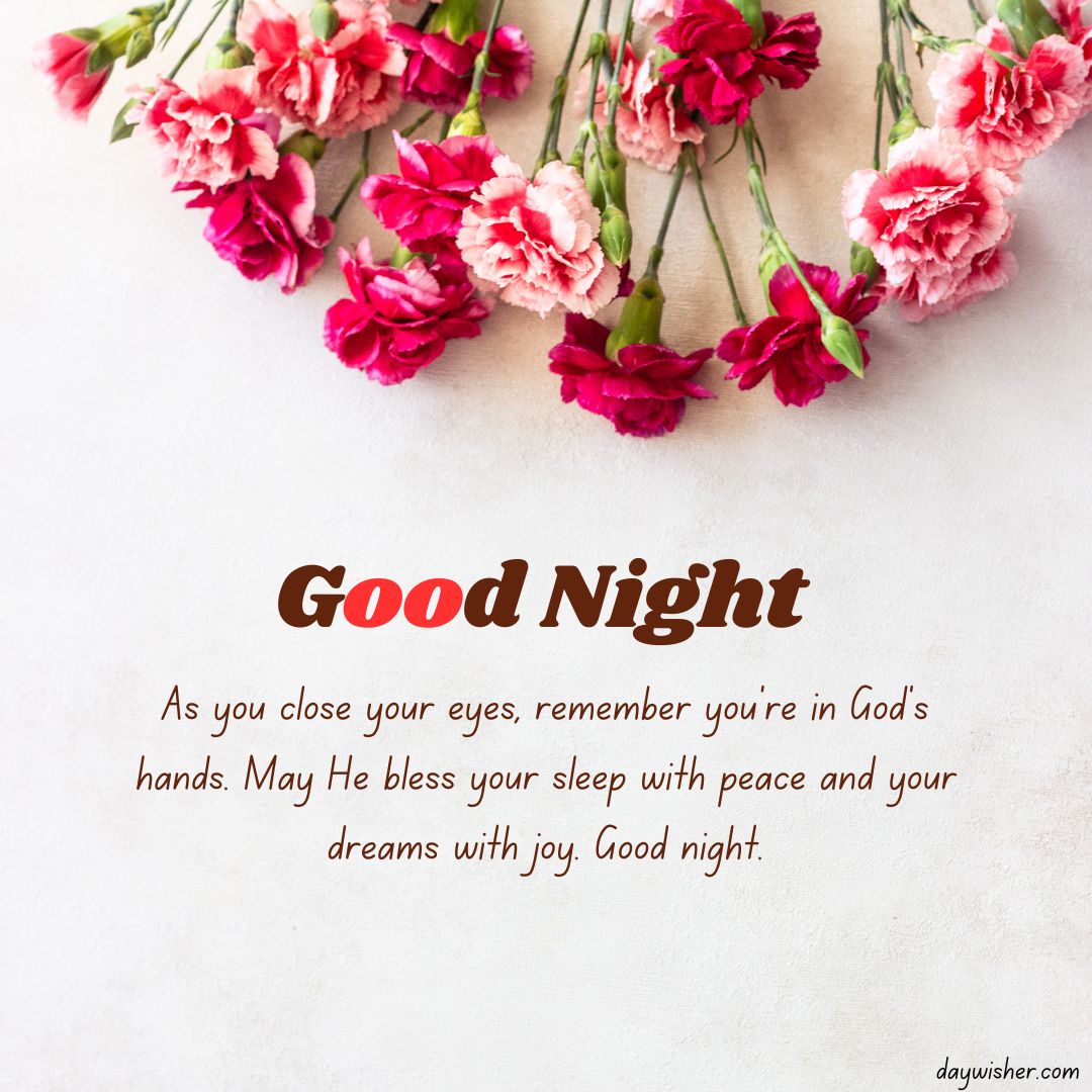 A Christian "good night" message surrounded by pink carnations on a light textured background, wishing blessings of peace and joy in sleep.