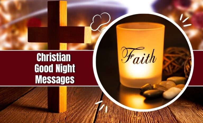 A graphic banner with the text "Christian Good Night Messages" on the left, featuring a wooden cross. On the right, a glowing candle labeled "faith" surrounded by stones and a wooden ball.