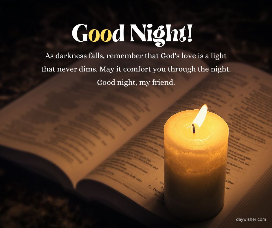 An image of a lit candle on an open book with the text "Christian Good Night Messages" overlaid. The message speaks of comfort through God's enduring love at night.