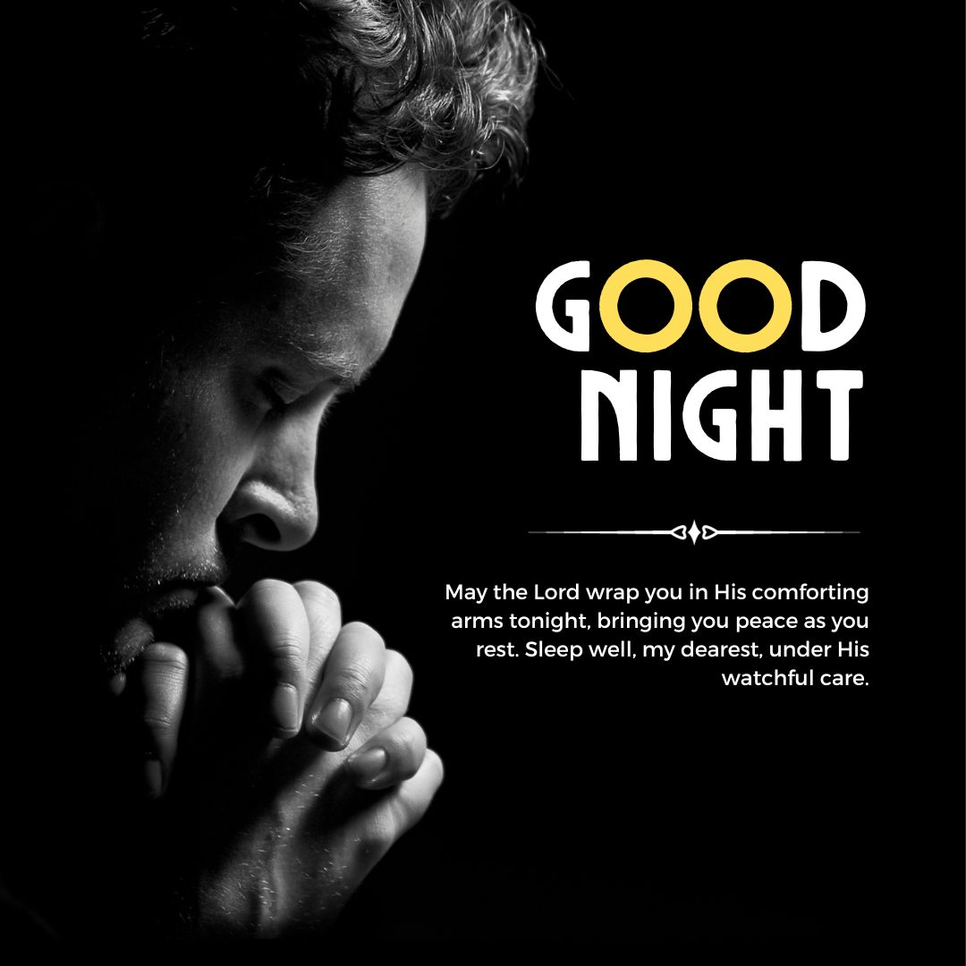A man with a thoughtful expression, praying or deep in thought, in a dimly lit setting. The words "Christian Good Night Messages" are prominently displayed above an inspirational quote about peace and rest.