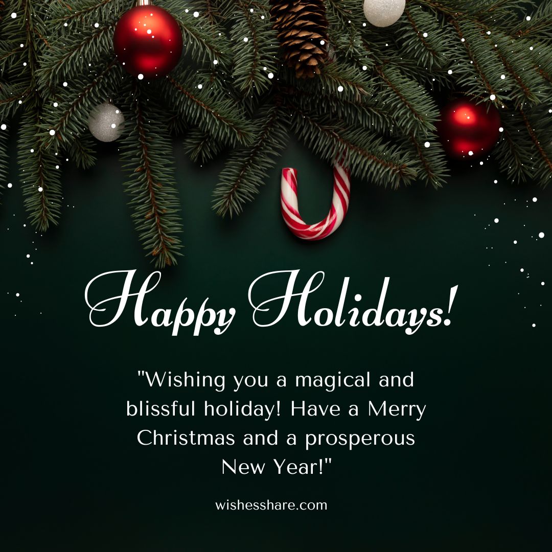 An elegant holiday greeting card with a top-down view of pine branches, adorned with white and gold baubles and a red and white candy cane, against a dark background. Text says "Happy Holiday