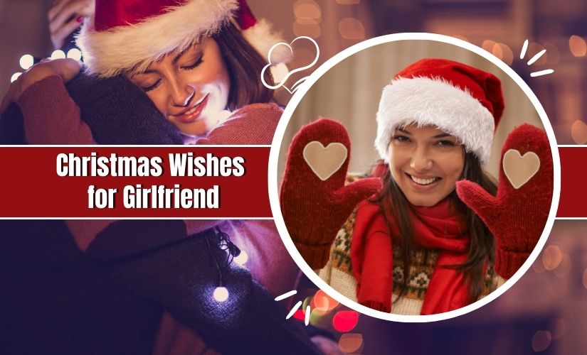 Two images of a woman in Christmas-themed settings: on the left, a woman hugging someone with Christmas lights in the background; on the right, the same woman smiling, wearing a Santa hat,