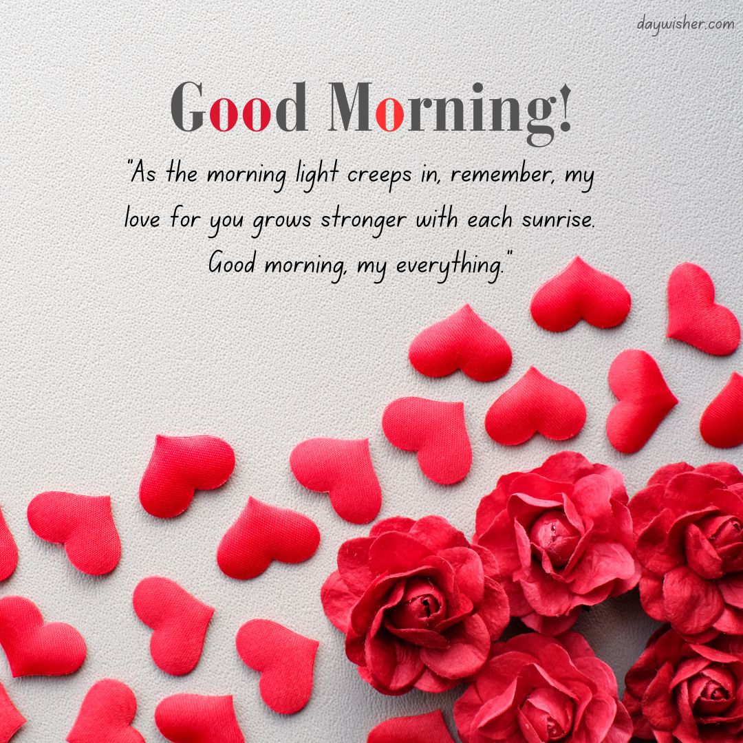 Image shows a greeting with "good morning texts" in large letters, accompanied by a quote. Red rose petals and full roses are scattered on a textured beige background.
