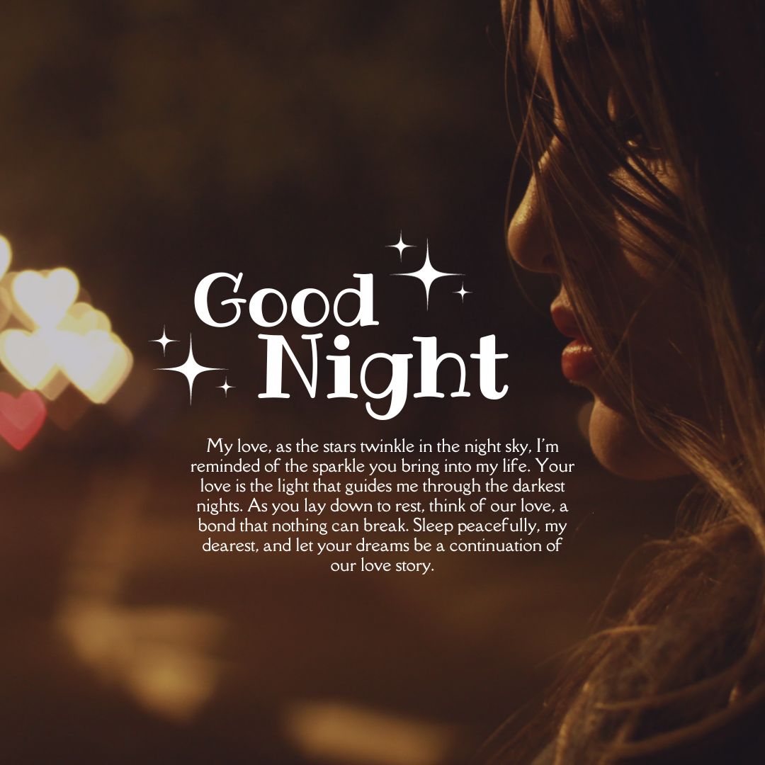A silhouette of a woman with the text "goodnight" overlaid, accompanied by a heartfelt paragraph about love and connection, set against a blurred background of warm lights.