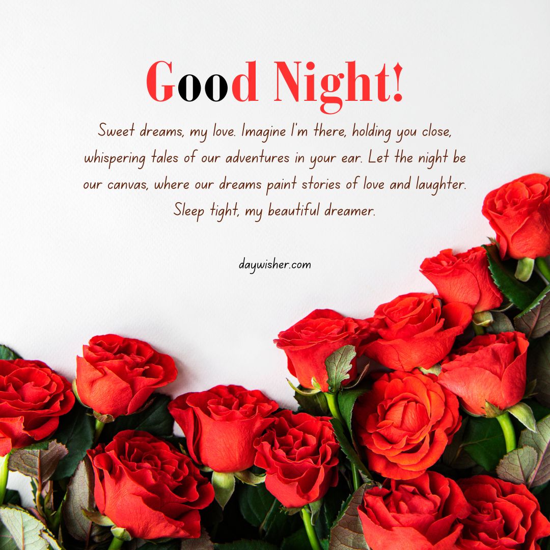 Image of a cluster of vibrant red roses on the left side with a text overlay on the right that says "Goodnight Paragraphs For Her" and a poetic message about love and dreams, all against