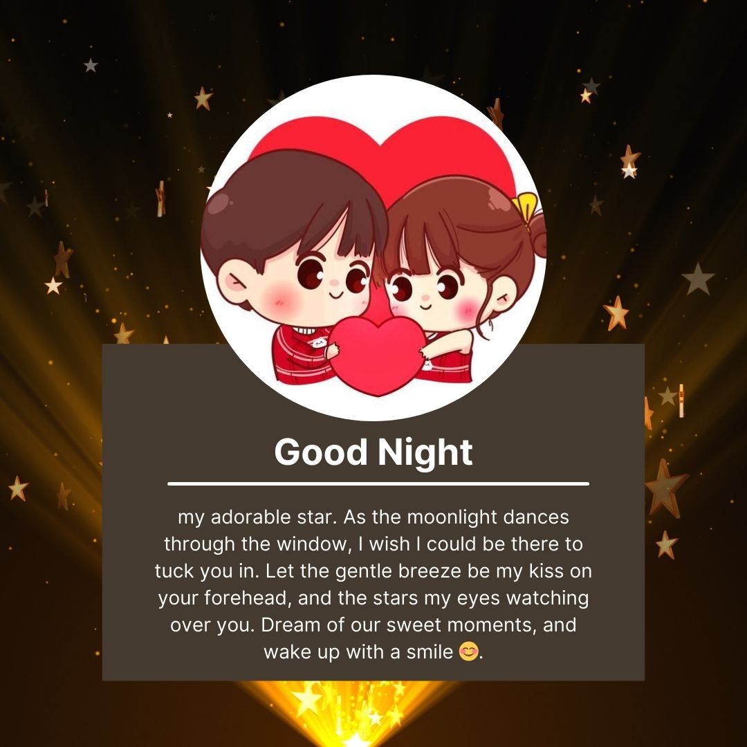 Illustration of two animated characters in a heart shape, one giving a heart to the other, against a starry background with the text "goodnight paragraphs for her" and a romantic message.