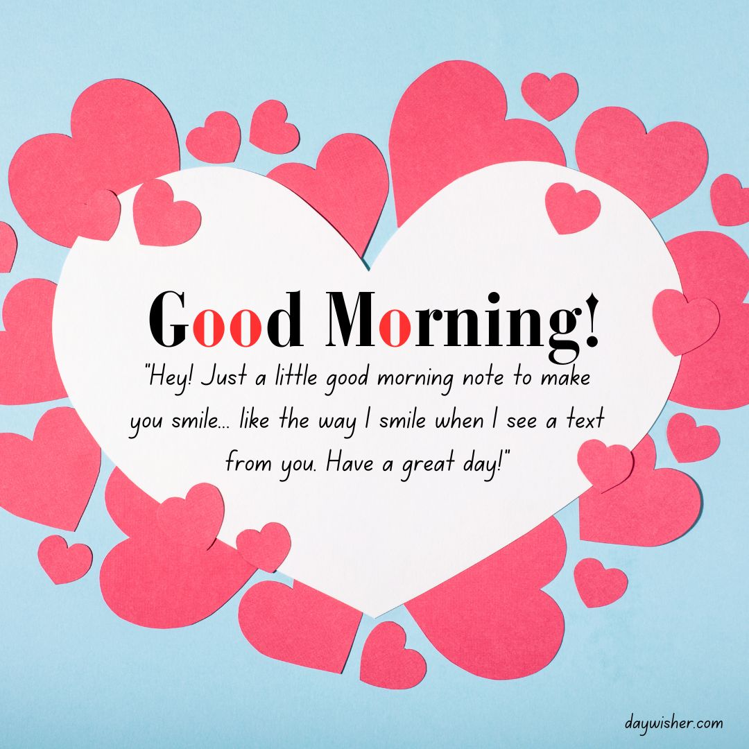 A graphic with a large white heart surrounded by smaller red hearts on a blue background, featuring the text "Good Morning Texts! Hey! Just a little good morning note to make you smile... like