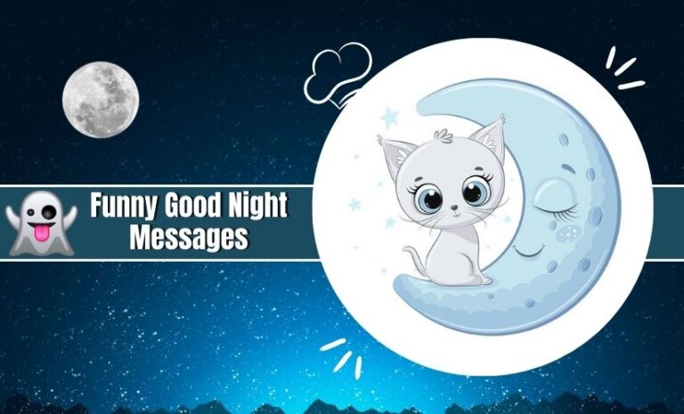 Illustration of a cute white kitten sitting on a whimsical crescent moon against a starry night sky, with a text banner saying "Funny Good Night Messages" and a small moon graphic on the