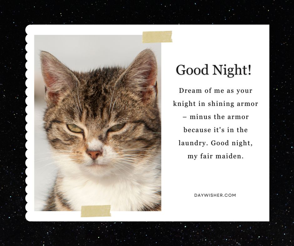A postcard featuring a close-up image of a cat with soft fur and a sleepy expression, situated against a starry night background, with a whimsical "Good Night" message for your wife displayed