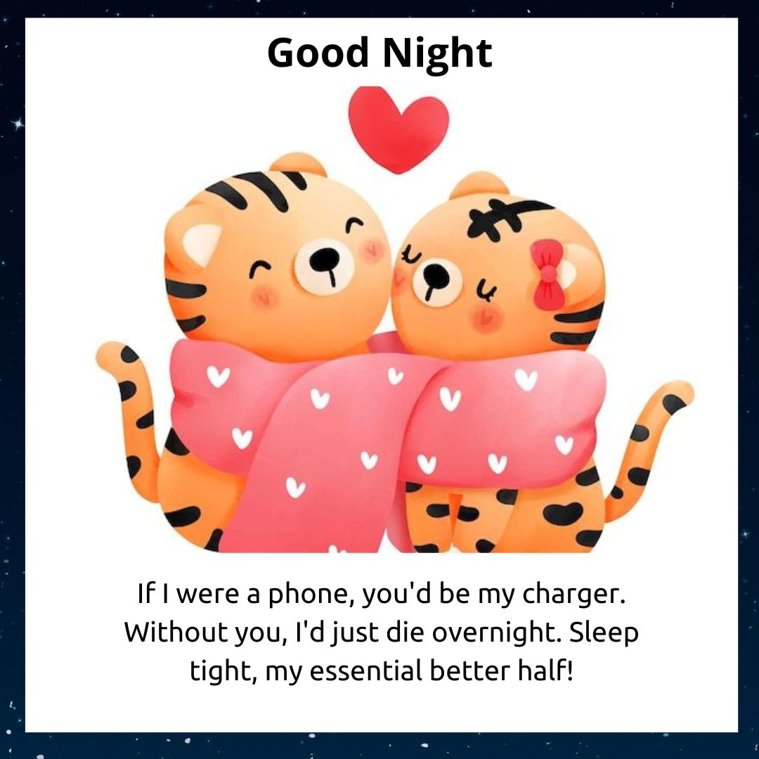 Image of two cartoon tigers cuddling, one with a heart and bandage on its head. Text reads "good night" and includes a Good Night Message for Wife about being each other