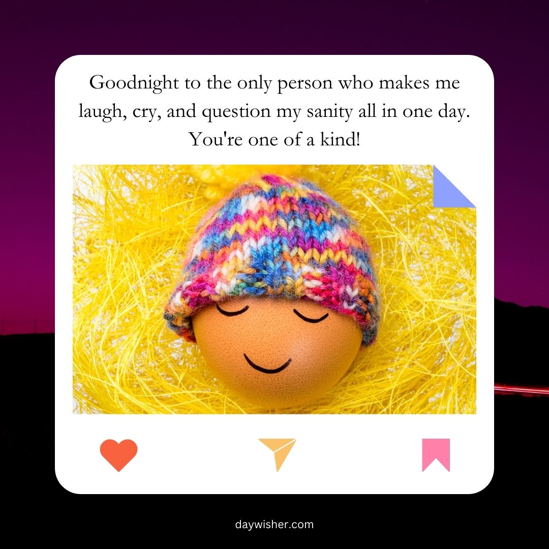 An egg with a happy face wearing a colorful knitted cap, set against a bright yellow straw background, framed in a purple card with heartfelt good night messages for your husband.