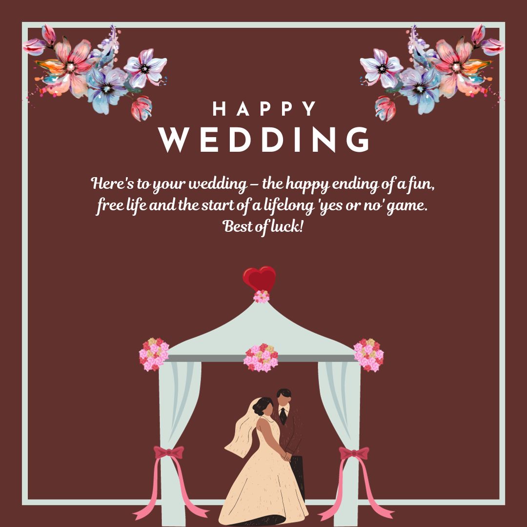 Illustration of a wedding card with a bride and groom kissing under an arch, surrounded by decorative floral elements and the words "Wedding Wishes for Friend" at the top.