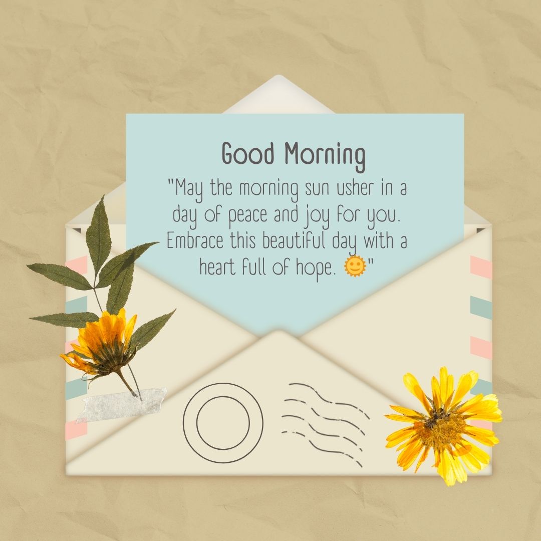 An image of a paper envelope with a "good morning prayer" greeting note adorned with a sunflower and green leaves, resting on a textured beige background. Decorative stickers and an additional sunflower are