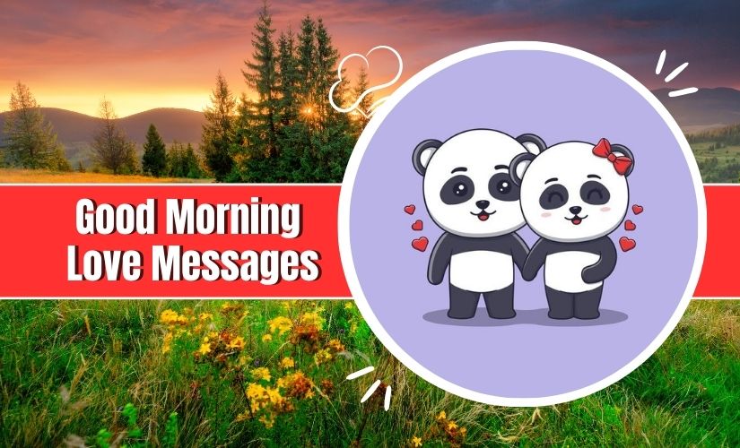 Graphic featuring two cartoon pandas inside a purple circle, with one holding a heart. Text reads "Good Morning Love Messages", set against a vibrant sunrise over a scenic meadow.