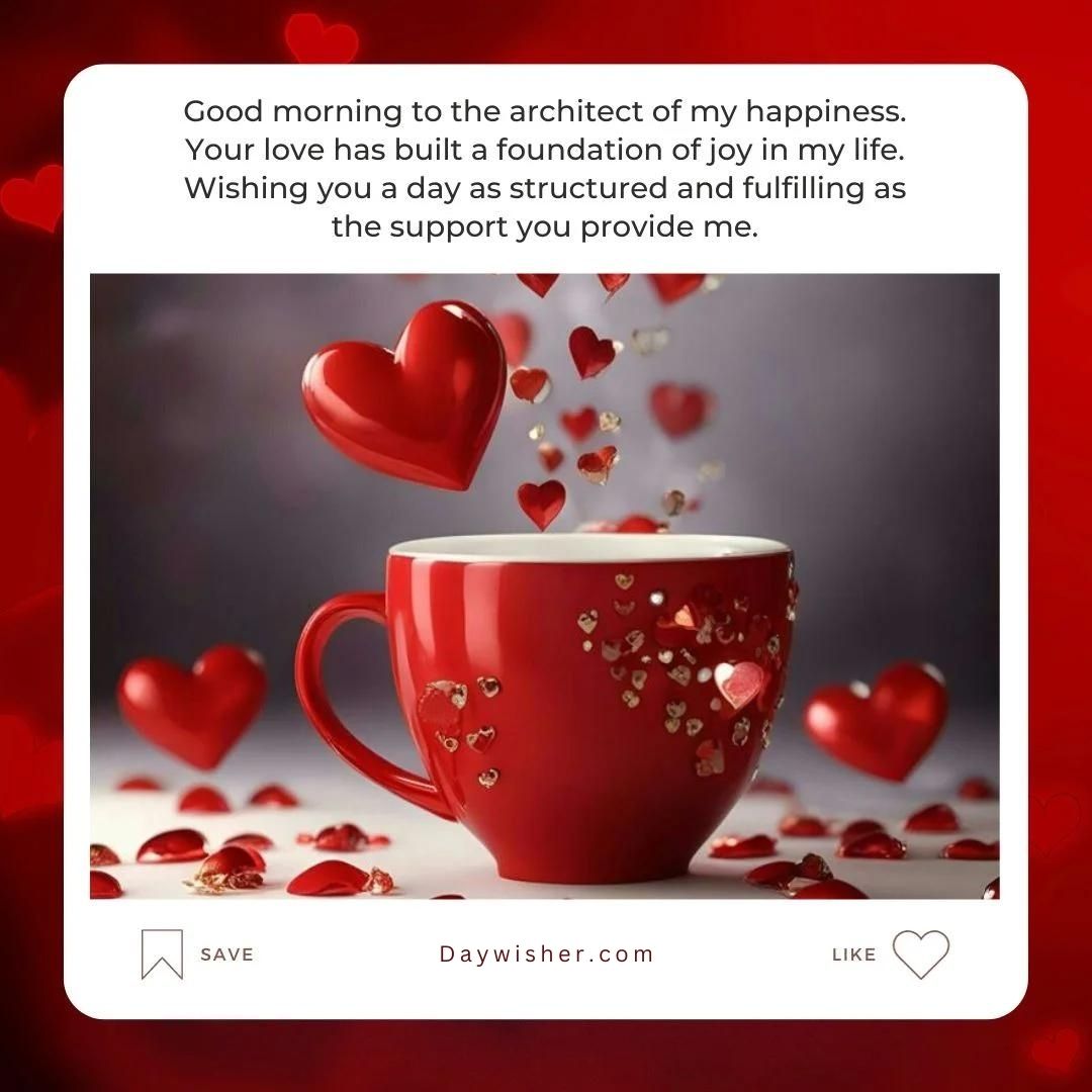 A red coffee cup with small heart-shaped confetti falling around it, set against a backdrop of red hearts, with a "Good Morning Love" message wishing joy and fulfillment.