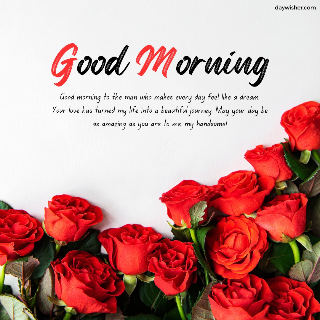 A romantic morning greeting card with "Good Morning Messages" in red script at the top and a heartfelt message below, surrounded by a border of vibrant red roses on a white background.