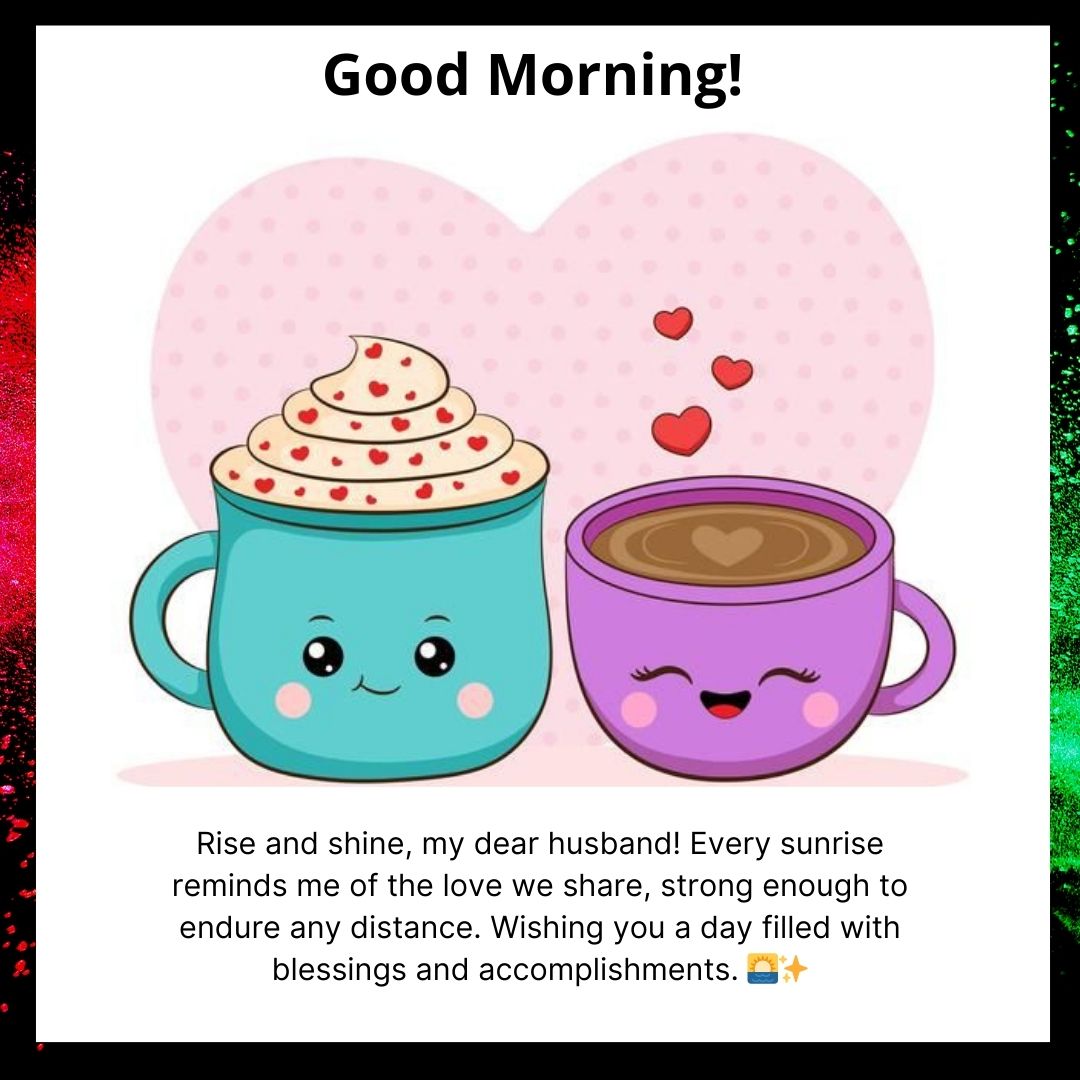 Illustration of two happy cartoon mugs, one with whipped cream and one with a smile, surrounded by hearts on a pink polka dot background, with a "good morning" greeting for him long