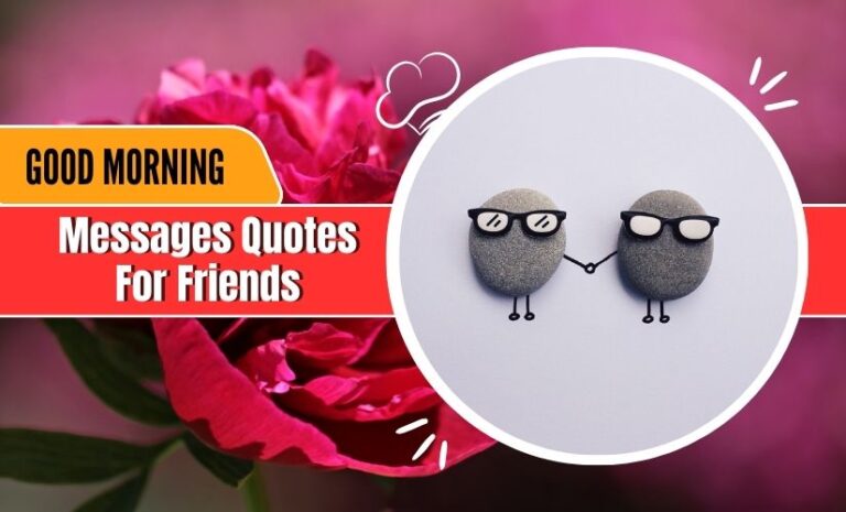 Graphic with "Good Morning Messages For Friends" featuring two cartoon stones with glasses holding hands, against a vivid background of pink flowers.