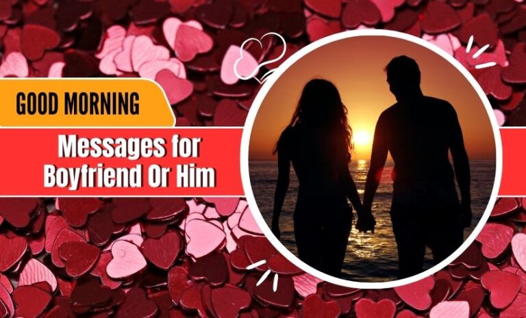 A romantic card with "Good Morning Messages for Boyfriend" text, featuring a silhouette of a couple holding hands during a sunset, surrounded by a frame of heart-shaped confetti.