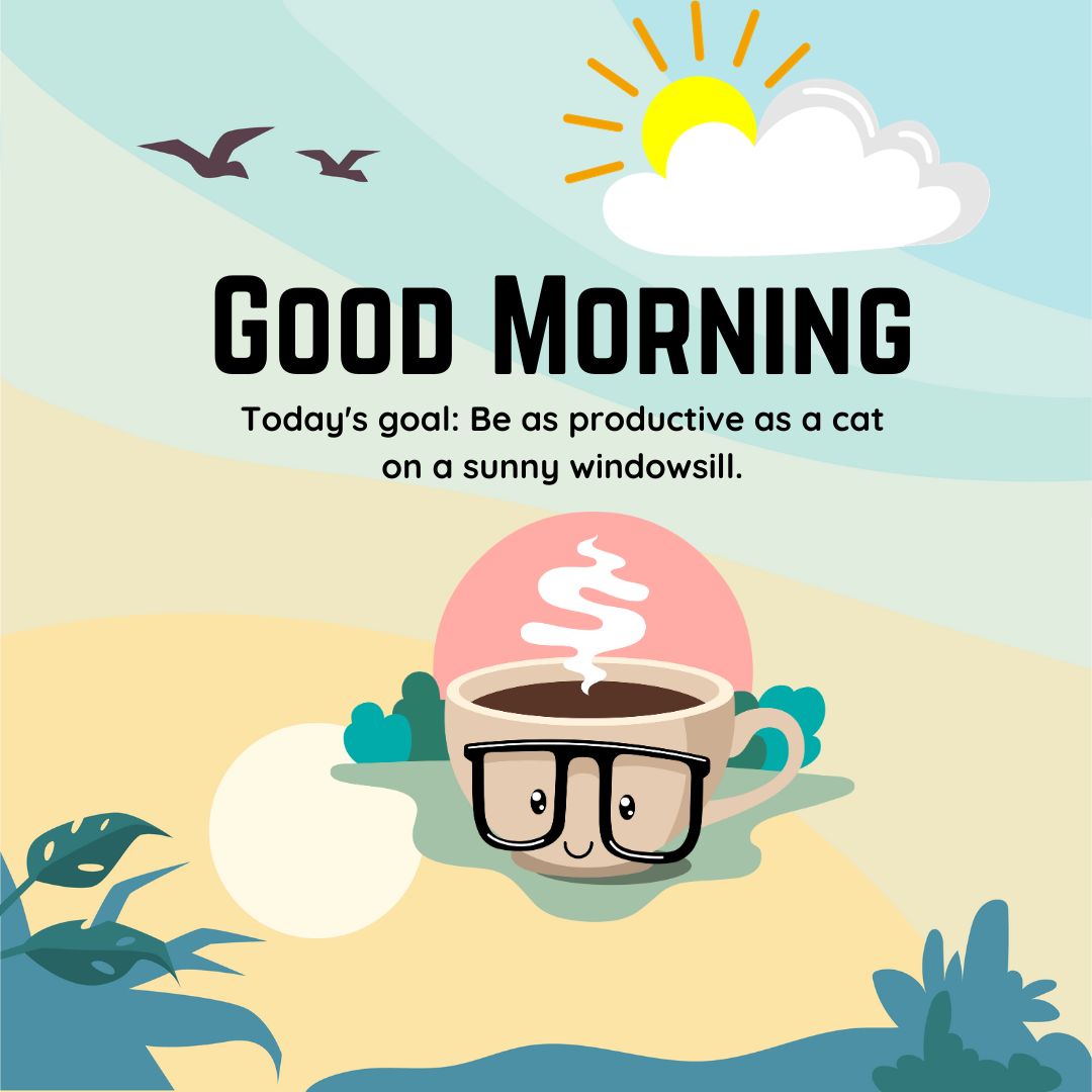 Illustration of "Good Morning Messages" featuring a coffee cup with steam shaped like a cat, under a sunny sky with birds flying, accompanied by text about productivity.