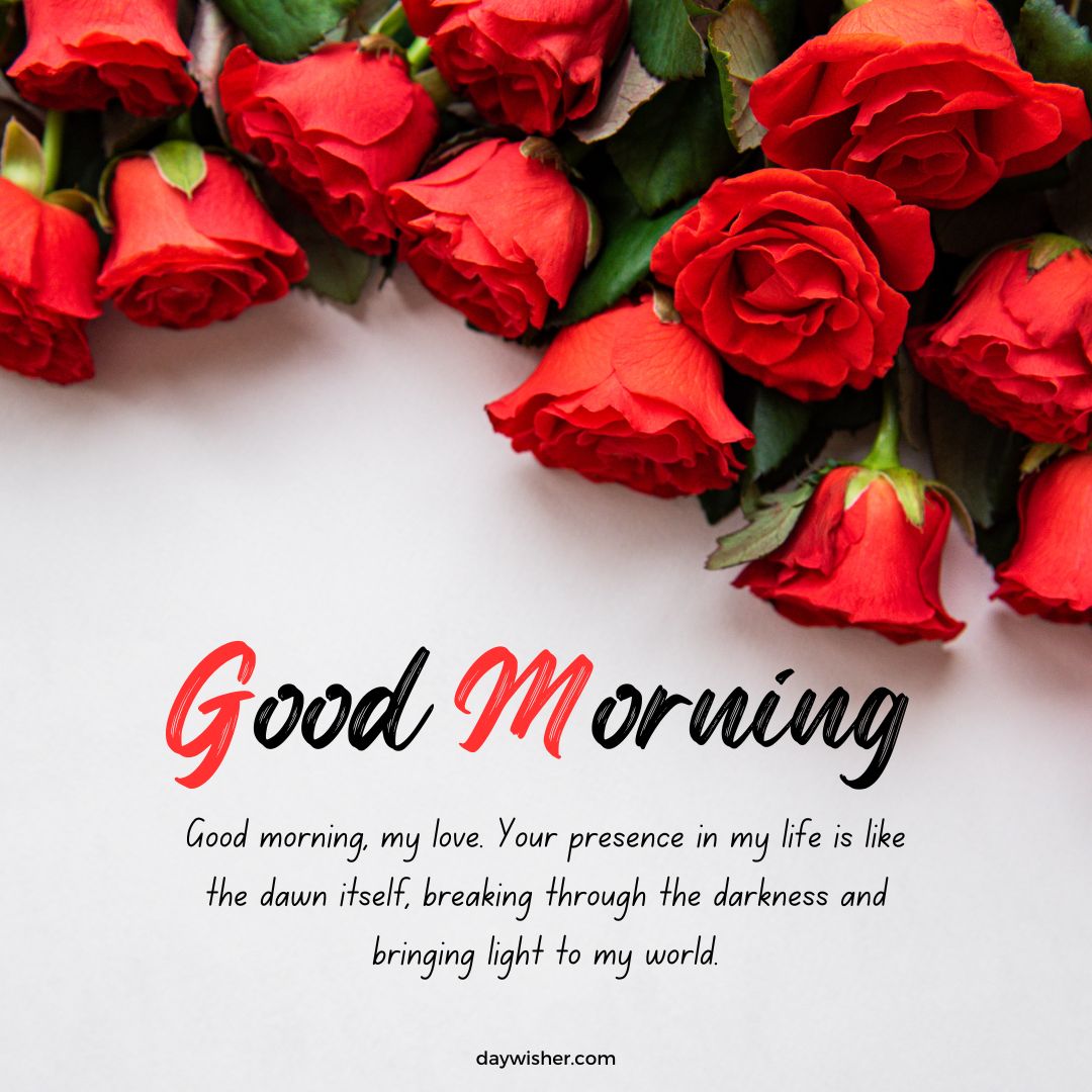 A collection of vibrant red roses on a white background with a message saying "Good Morning Love" in decorative script, accompanied by an affectionate note.