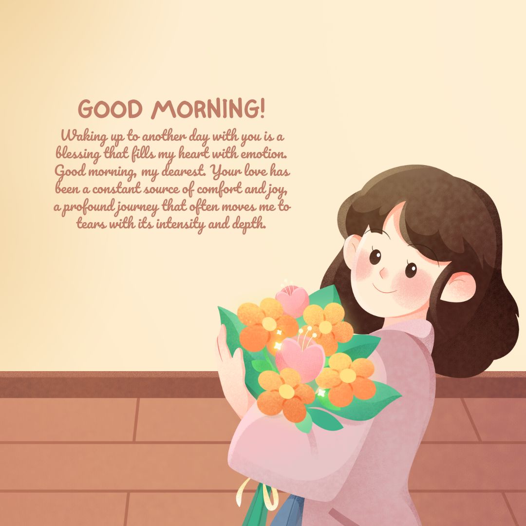 Illustration of a young woman holding a bouquet of flowers with "Good Morning Paragraphs For Her" greeting and an affectionate message, against a warmly colored backdrop.