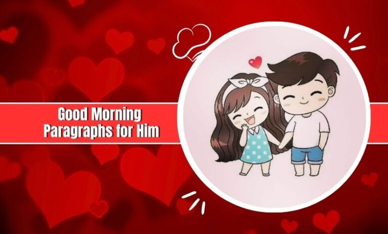 Illustration of a smiling cartoon couple on a red background with hearts, and text "Good Morning Paragraphs for Him.