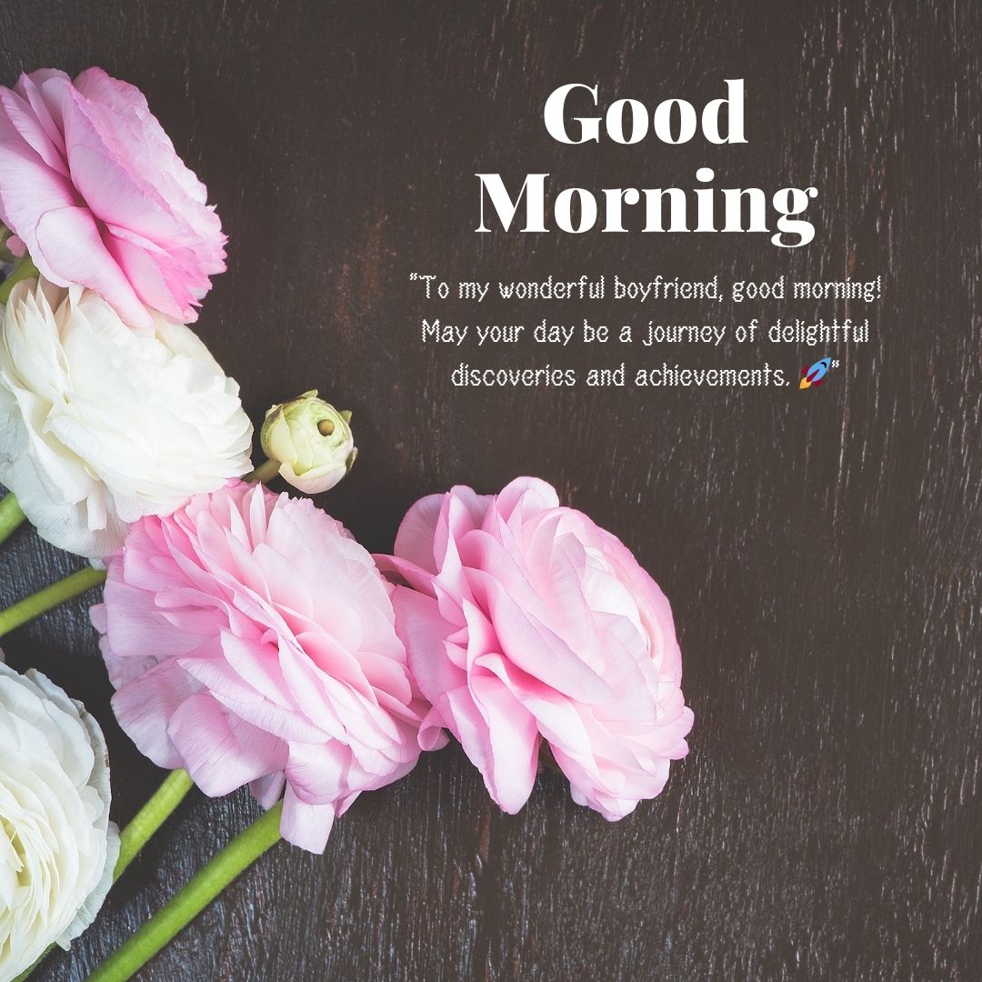 Image of a heartfelt morning greeting card with text "good morning" and a sweet prayer message for a boyfriend, accompanied by a beautiful arrangement of pink and white flowers on a dark wooden background.