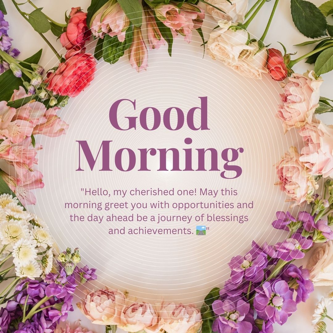 A "Good Morning Prayer" greeting on a soft pink background, encircled by a variety of colorful flowers including red and pink roses. The message wishes for a blessed and successful day.