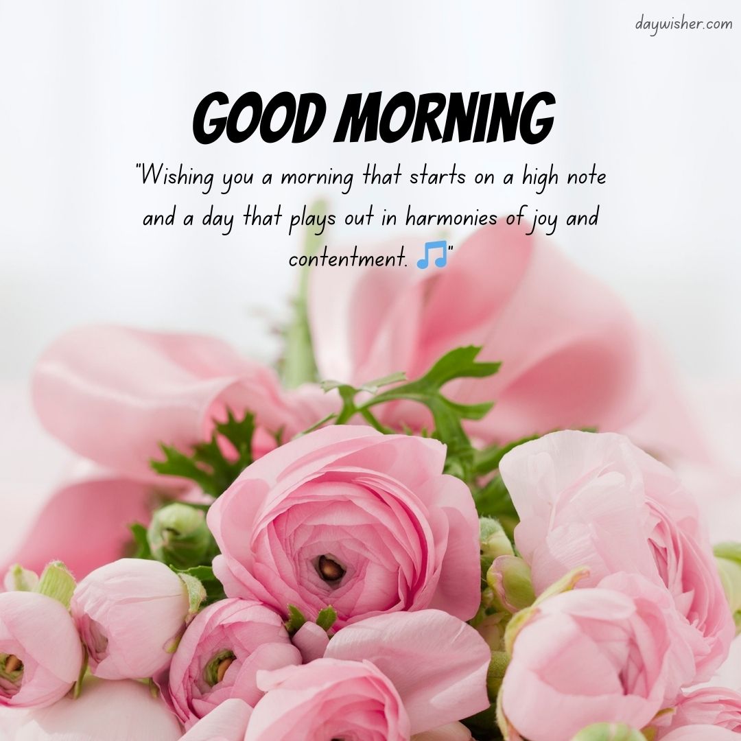 Image of pink ranunculus flowers with a "good morning prayer" message that wishes for a day that starts on a high note with harmonies of joy and contentment.