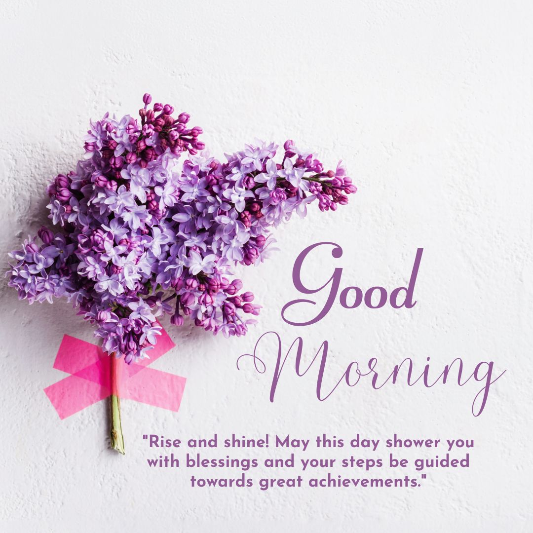 A graphic design featuring a bouquet of purple lilacs arranged into a hand gesture pointing upwards, against a white background. The text reads "Good Morning Prayer Messages" and "Rise and shine with blessings