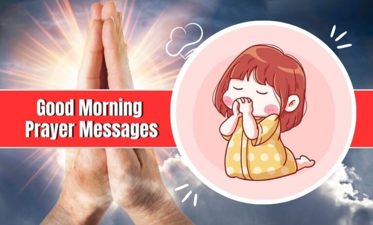 Image depicting two distinct elements related to morning prayers: a real human's hands joined in prayer against a cloudy sky, and an illustrated cartoon of a young girl yawning, captioned "Good Morning Prayer