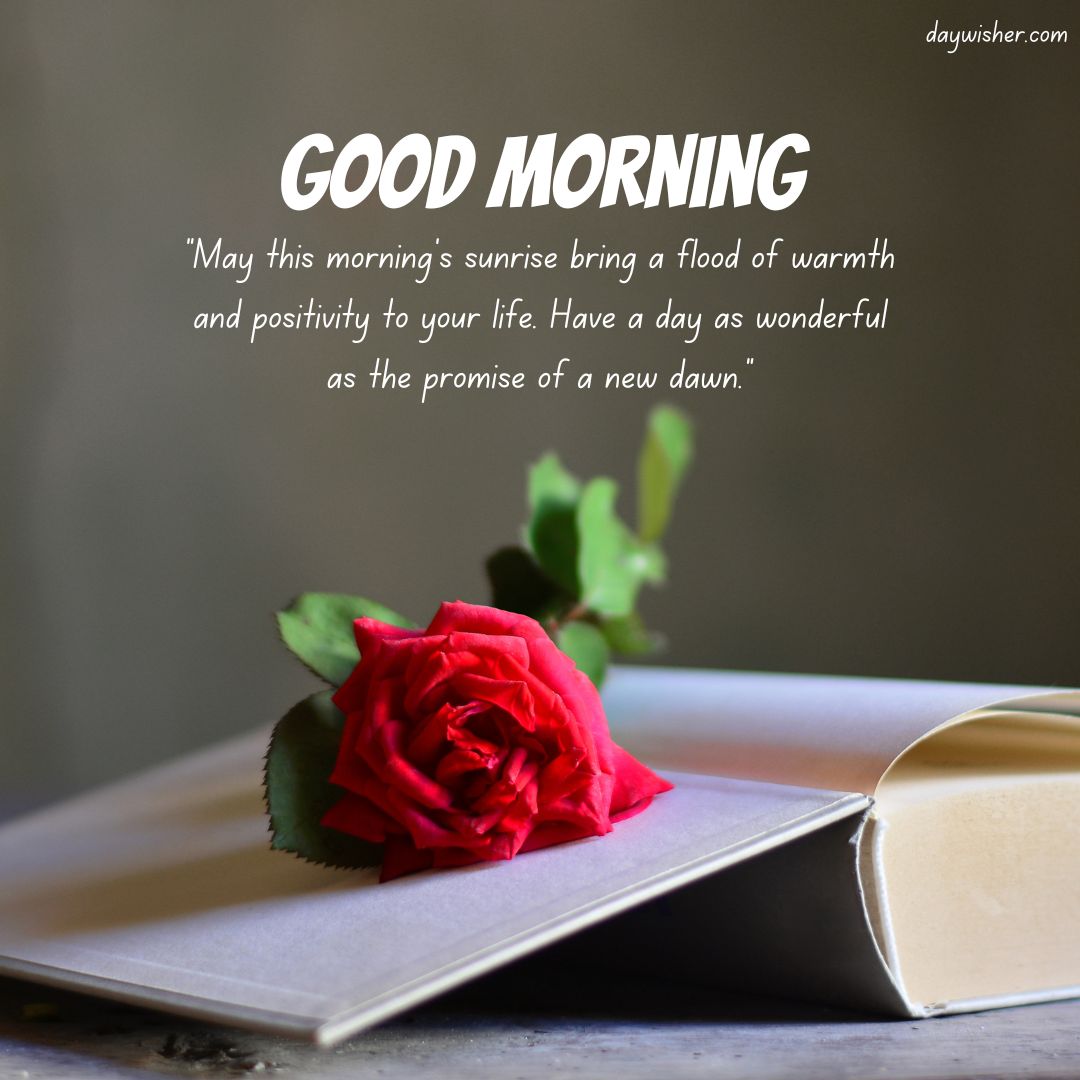 An open book with a vibrant red rose resting on its pages, set against a soft-focus gray background with a "good morning" prayer message about positivity and a new dawn.