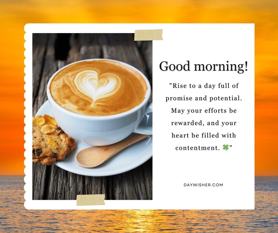 A cup of cappuccino with a heart-shaped design on foam, next to a cookie and wooden spoon, with good morning prayer messages over an orange sunrise background.