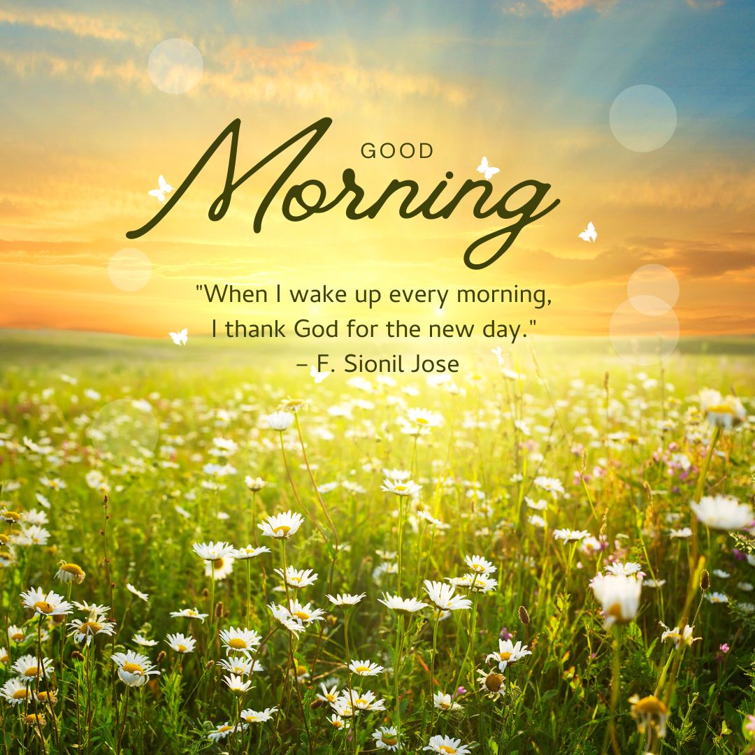 A picturesque sunrise over a field of daisies with the text "Good Morning Prayer Messages" and a quote by F. Sionil Jose: "When I wake up every morning, I thank