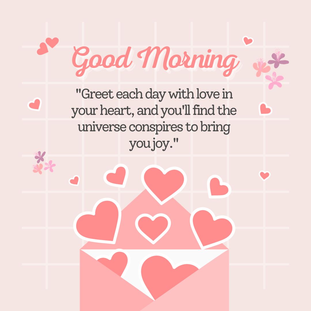  A pink-themed graphic with a central envelope spilling out hearts, accompanied by "Good Morning Love Messages" and a quote about greeting each day with love to find joy.