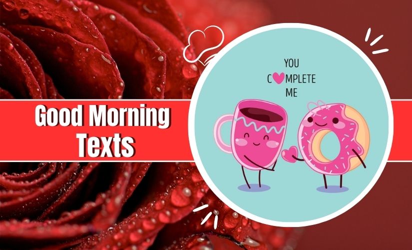 The image features two sections: on the left, a close-up of a dew-covered red rose, and on the right, a playful illustration with a coffee cup and doughnut, beside the text