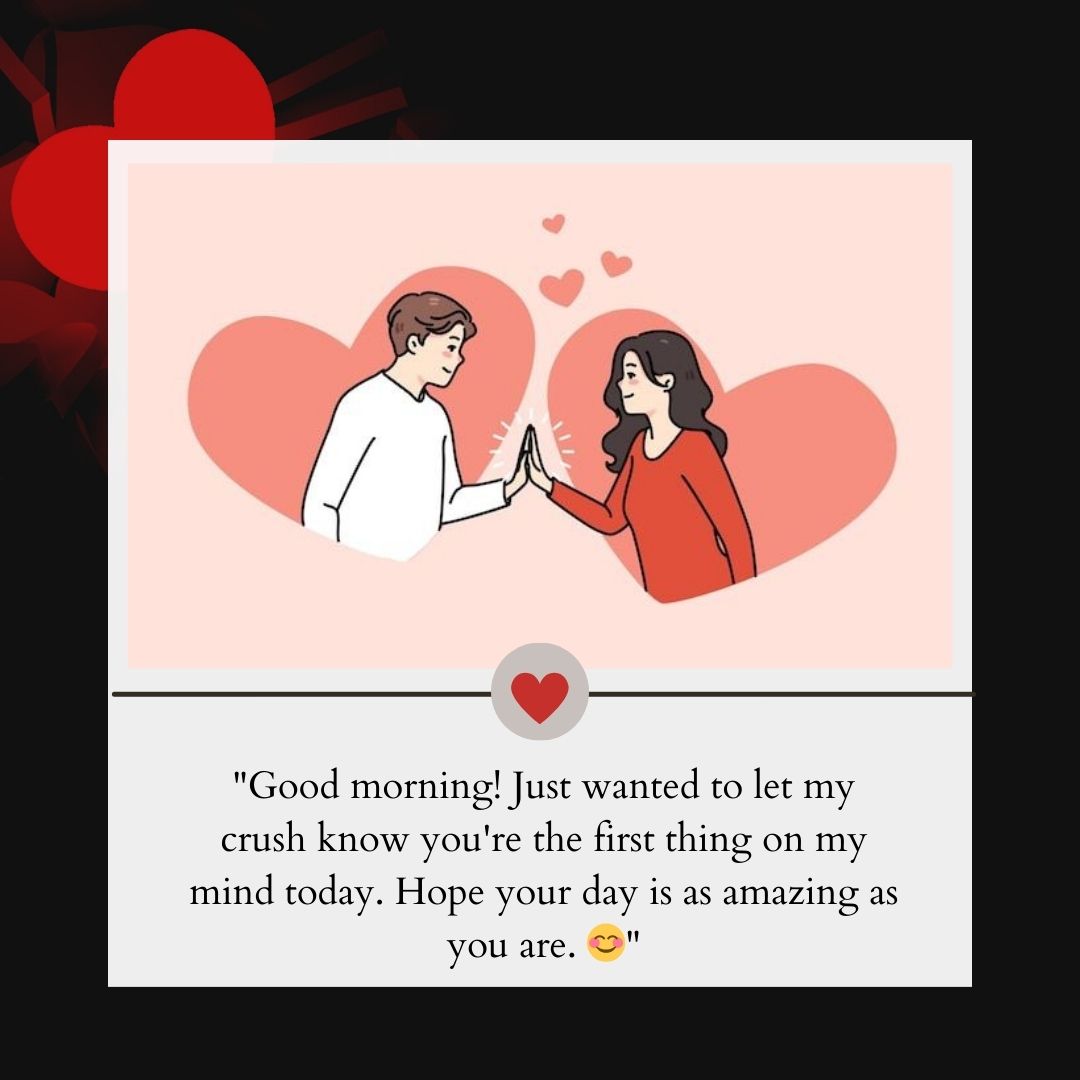 Illustration of a man and woman in red, touching hands with hearts floating around them, against a light pink background and red decorative elements. A "Good Morning" text message overlay adds a loving sentiment