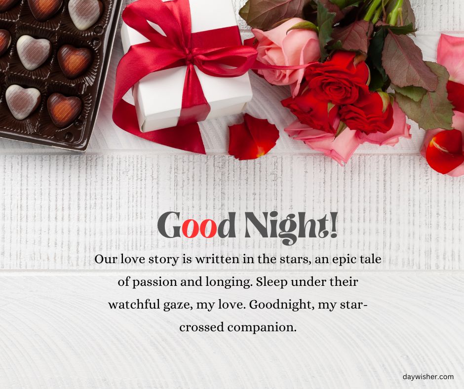 A "Good Night Messages For Husband" graphic featuring a heartfelt message, a red gift box with a bow, and a heart-shaped chocolate box on a white wooden surface.