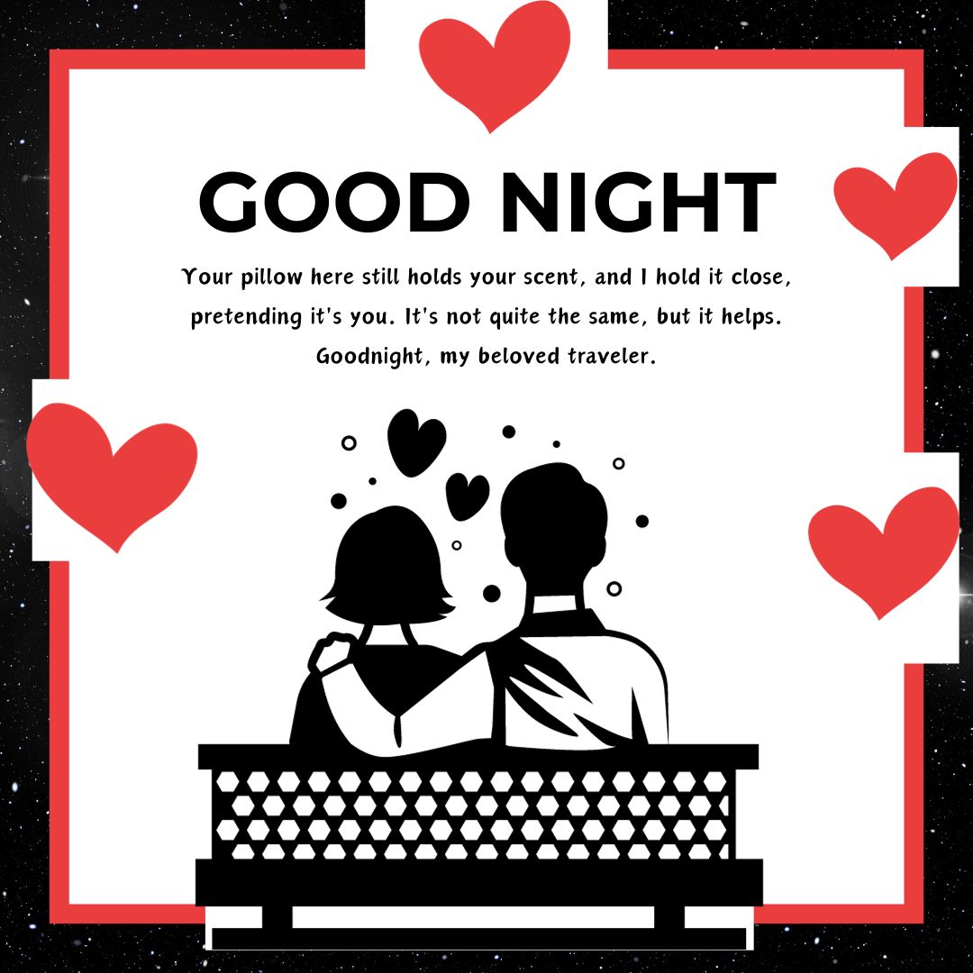Illustration of a couple sitting on a bench under a starry sky, surrounded by a decorative border with hearts. The text says "Good Night Messages for Husband" and contains a loving message.