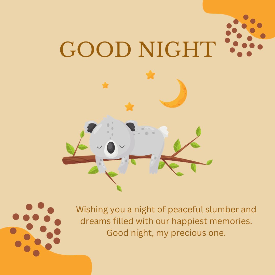 Illustration of a cute koala sleeping on a branch under a crescent moon with the text "Good Night Messages" and a message wishing peaceful slumber filled with happy memories.