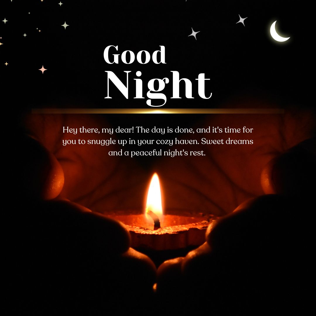 A "Good Night Messages" greeting card featuring a glowing candle in the dark, surrounded by stars and a crescent moon with a comforting message for a peaceful sleep.