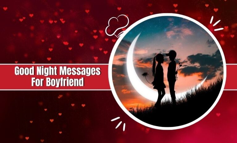 Silhouette of a couple kissing under a full moon set against a vibrant red sky with floating hearts, labeled "Good Night Messages for Boyfriend".